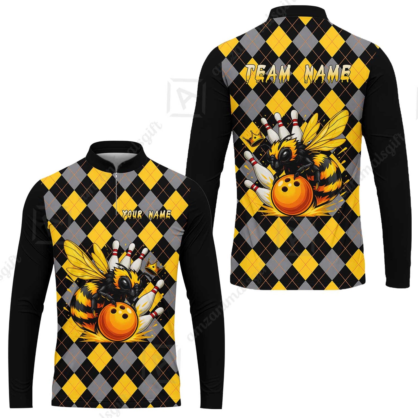 Custom Bowling Jersey Polo Shirt, Argyle Bee Mascot, Custom Bowling Jersey Team Shirt For Players With Name and Team Name