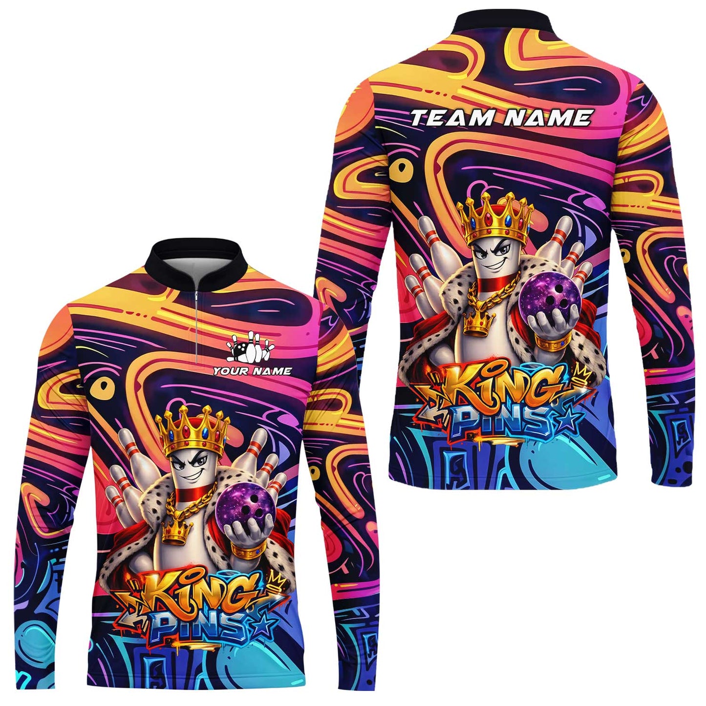 Custom Bowling Jersey Polo Shirt, Psychedelic Graffiti King Pins Mascot, Custom Bowling Jersey Team Shirt For Players With Name and Team Name