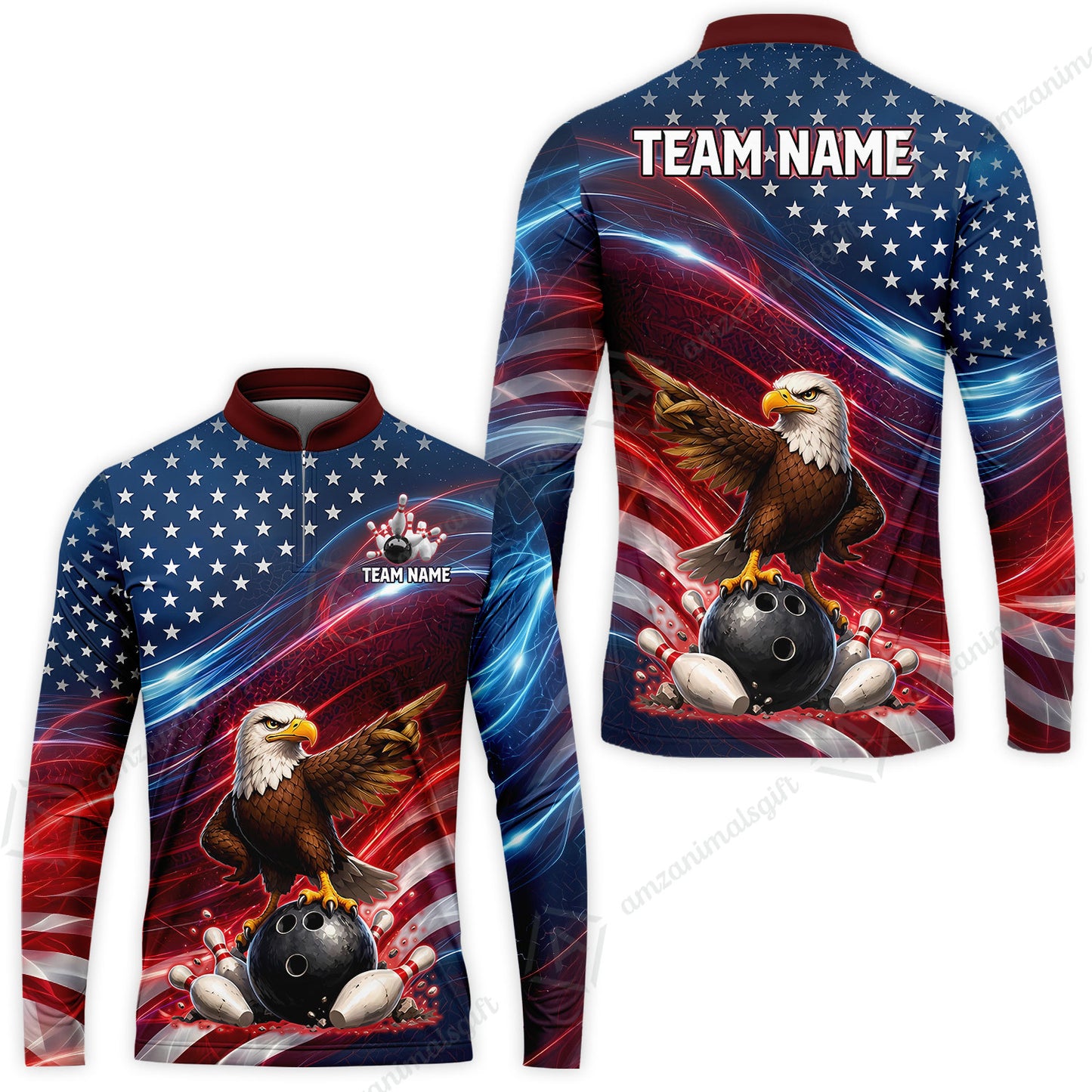 Custom Bowling Jersey Polo Shirt, Eagle Bowling Flag America Thunder Wave, Custom Bowling Jersey Team Shirt For Players With Name and Team Name
