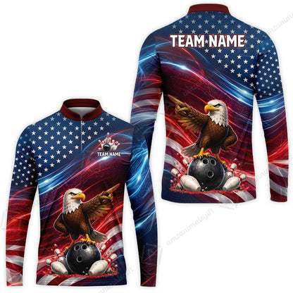 Custom Bowling Jersey Polo Shirt, Eagle Bowling Flag America Thunder Wave, Custom Bowling Jersey Team Shirt For Players With Name and Team Name