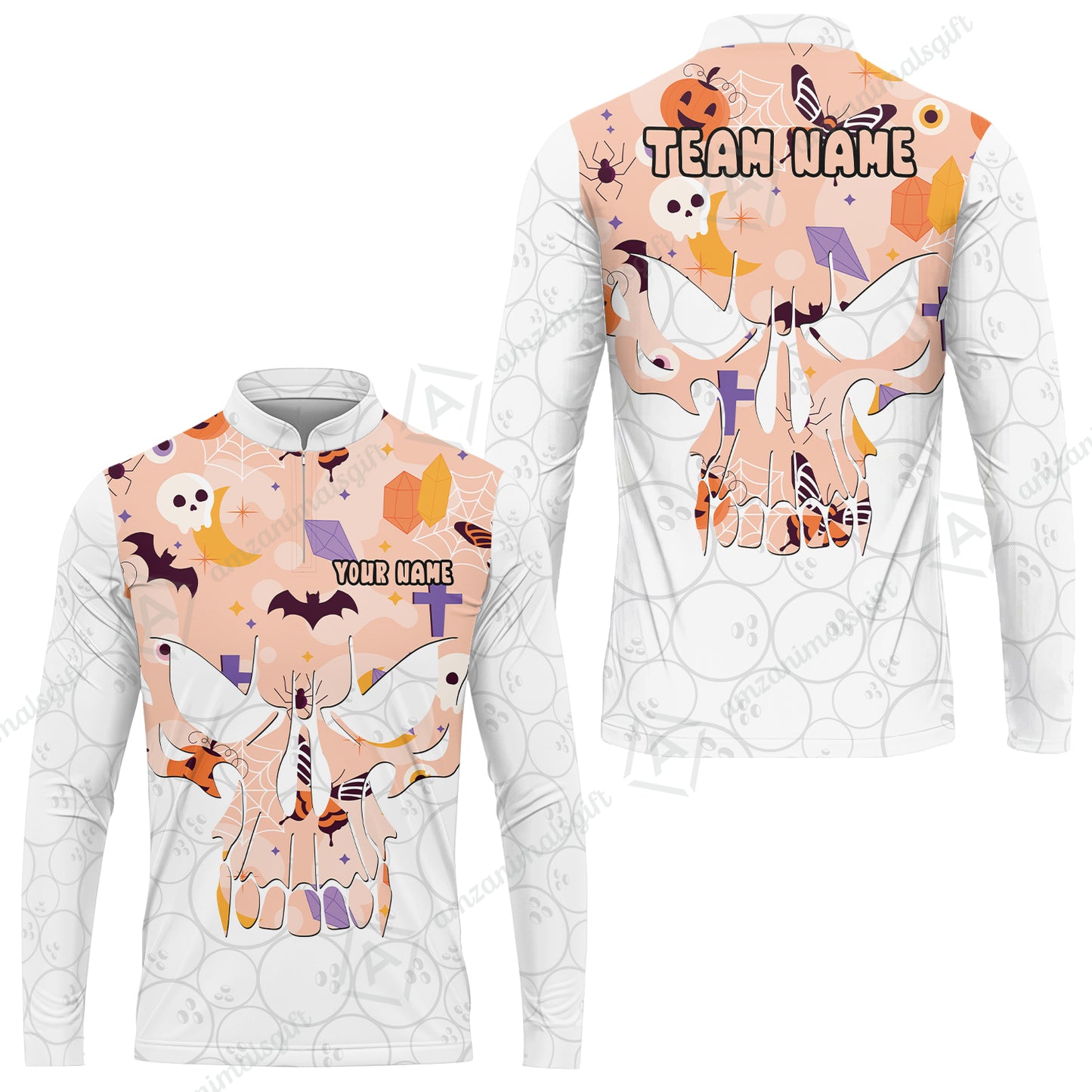 Custom Bowling Jersey Polo Shirt, Halloween Pattern Skull, Custom Bowling Jersey Team Shirt For Players With Name & Team Name