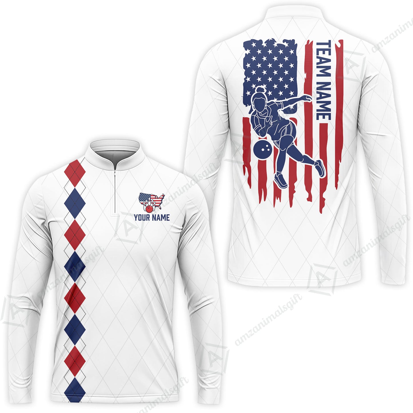 Custom Bowling Jersey Polo Shirt, Patriotic Argyle USA Flag Bowler, Custom Bowling Jersey Team Shirt For Players With Name & Team Name
