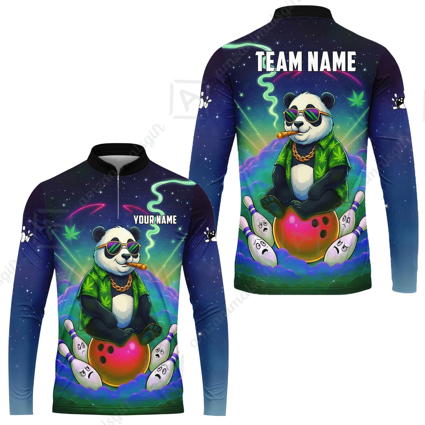 Custom Bowling Jersey Polo Shirt, Chill Panda & Cosmic Vibe, Custom Bowling Jersey Team Shirt For Players With Name & Team Name