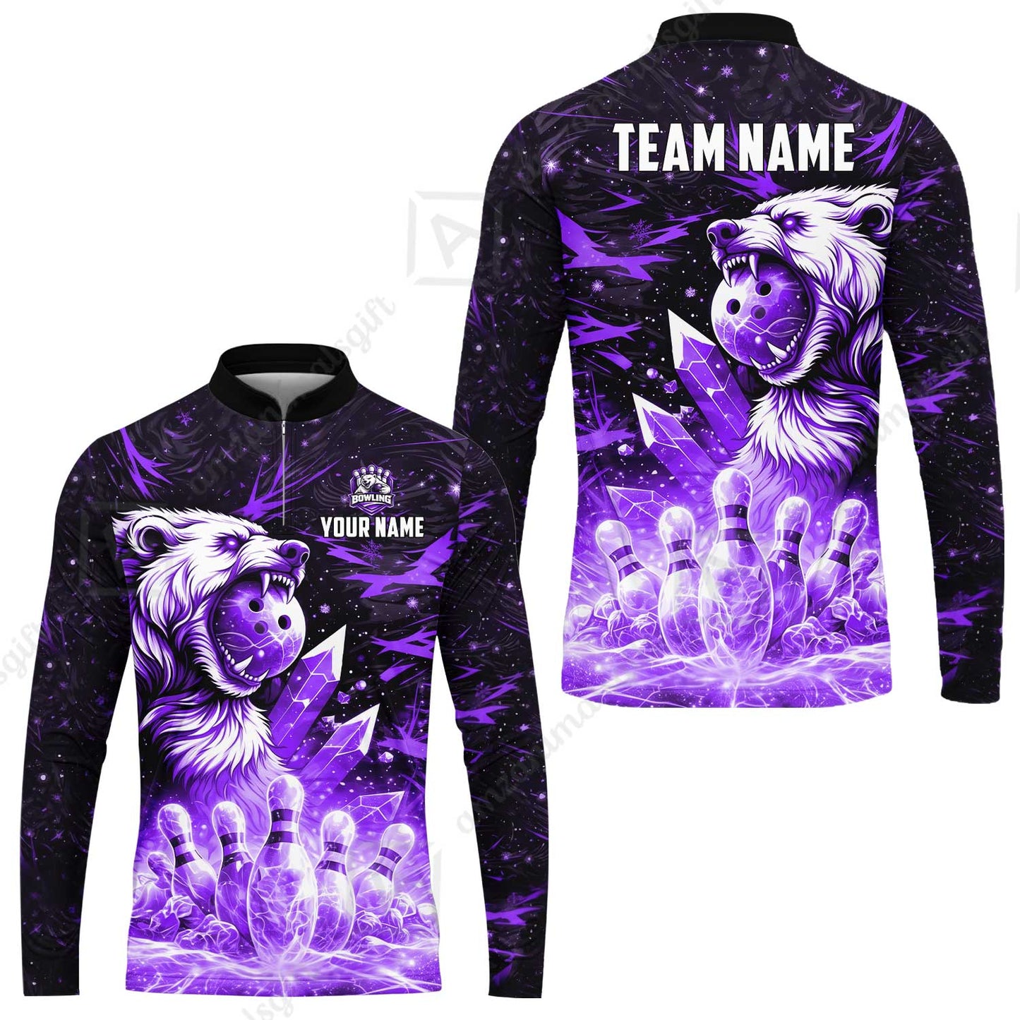 Custom Bowling Jersey Polo Shirt, Arctic Bear & Crystal Galaxy, Custom Bowling Jersey Team Shirt For Players With Name & Team Name
