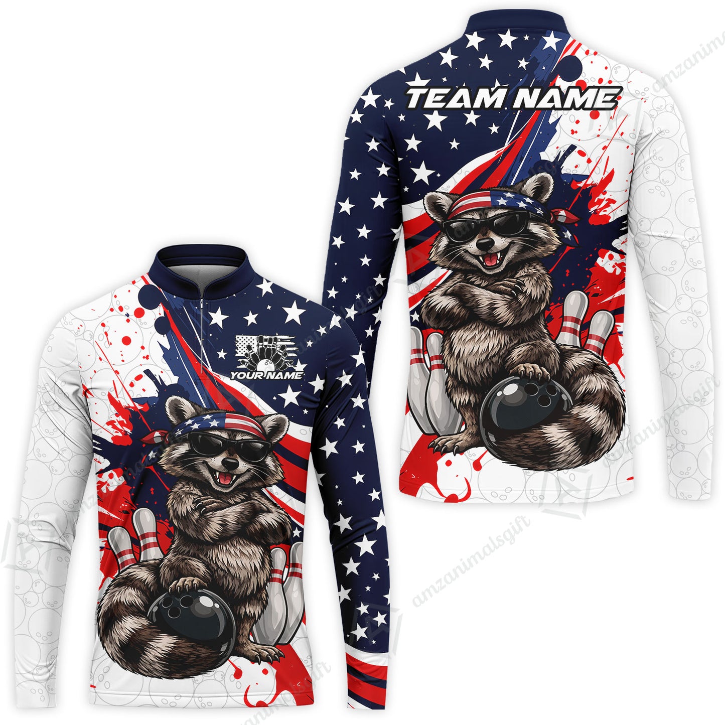 Custom Bowling Jersey Polo Shirt, Patriotic Cool Raccoon Mascot, Custom Bowling Jersey Team Shirt For Players With Name and Team Name