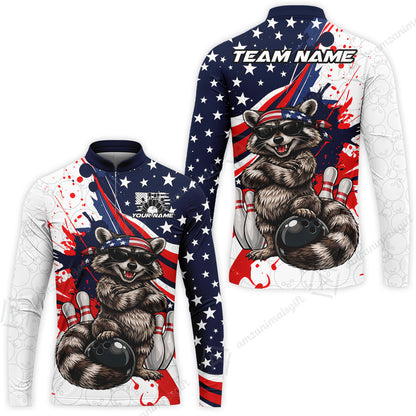 Custom Bowling Jersey Polo Shirt, Patriotic Cool Raccoon Mascot, Custom Bowling Jersey Team Shirt For Players With Name and Team Name