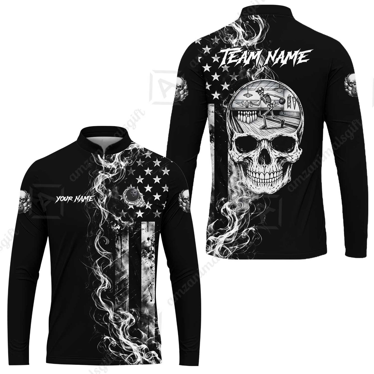 Custom Bowling Jersey Polo Shirt, Gothic Skeleton Skull Strike, Custom Bowling Jersey Team Shirt For Players With Name and Team Name