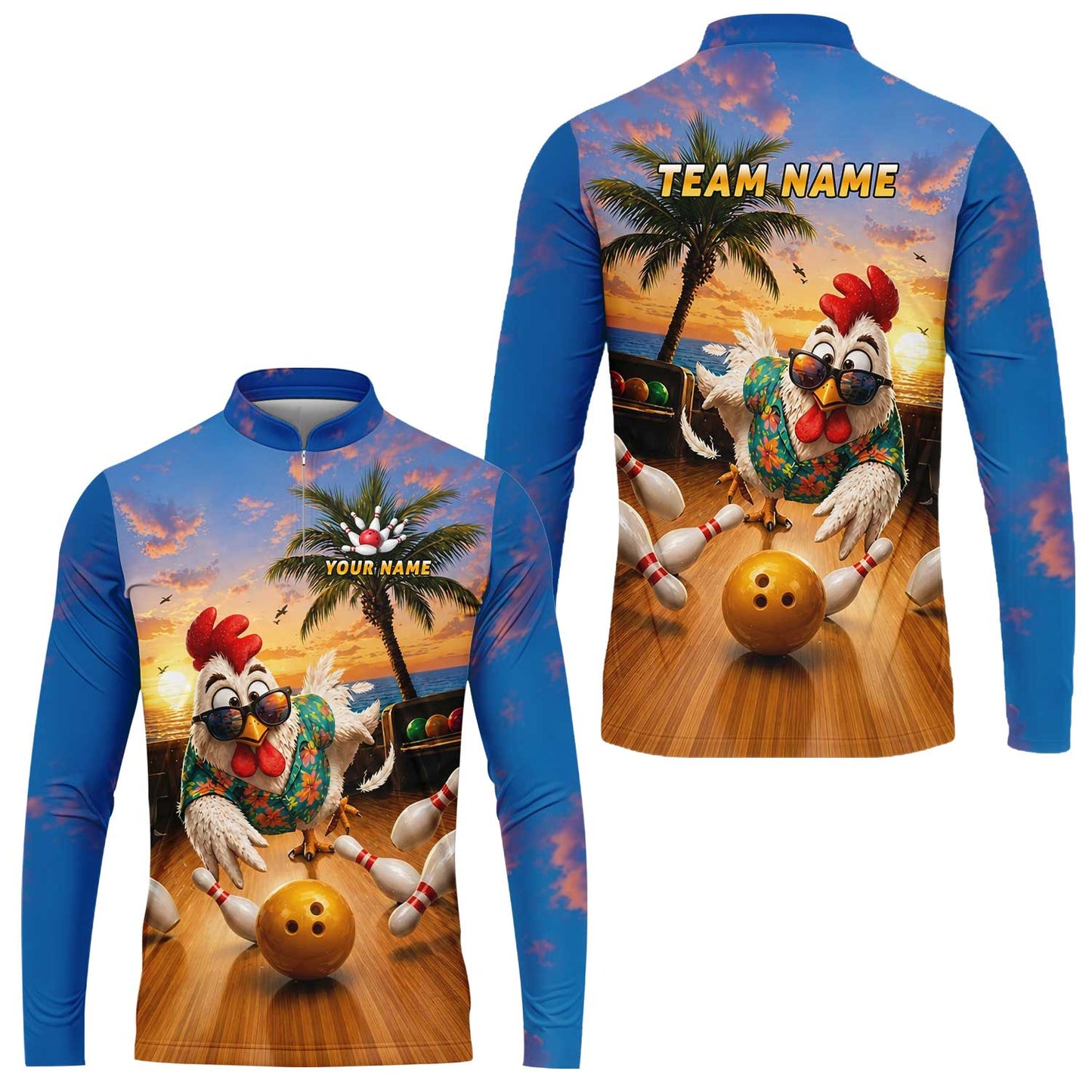 Custom Bowling Jersey Polo Shirt, Funny Tropical Hawaiian Rooster Strike, Custom Bowling Jersey Team Shirt For Players With Name and Team Name