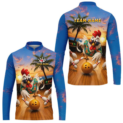 Custom Bowling Jersey Polo Shirt, Funny Tropical Hawaiian Rooster Strike, Custom Bowling Jersey Team Shirt For Players With Name and Team Name