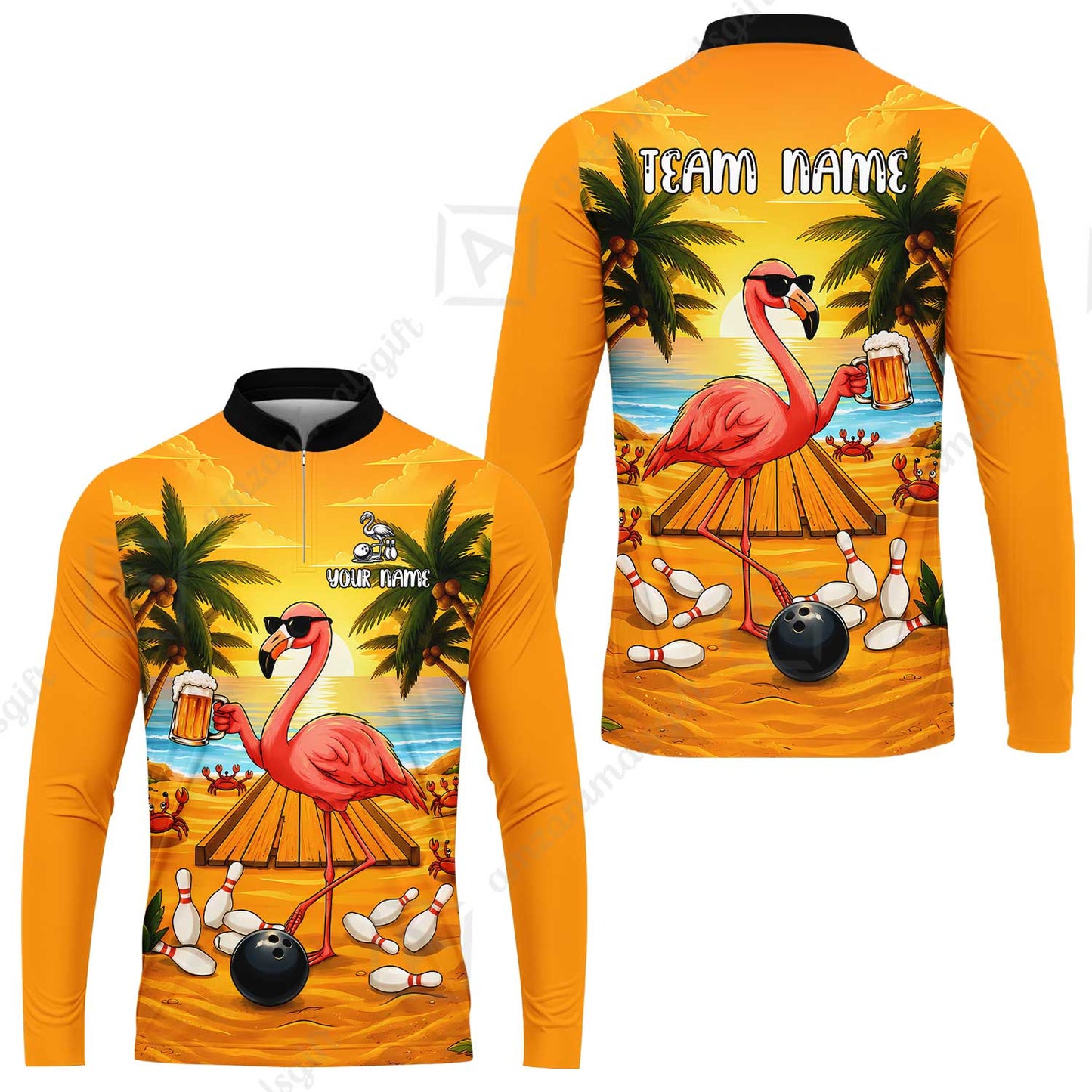 Customized Bowling Shirt, Beer & Flamingo Bowler Summer Vibe, Personalized Polo Shirt For Players With Name & Team Name