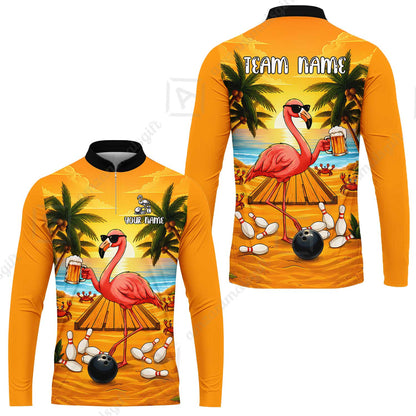 Customized Bowling Shirt, Beer & Flamingo Bowler Summer Vibe, Personalized Polo Shirt For Players With Name & Team Name