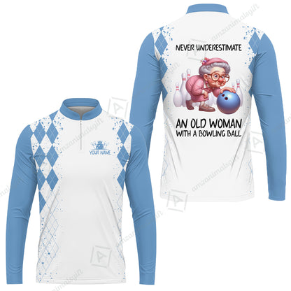 Custom Bowling Jersey Polo Shirt, Never Underestimate An Old Woman With A Bowling Ball, Personalized Name & Team Name