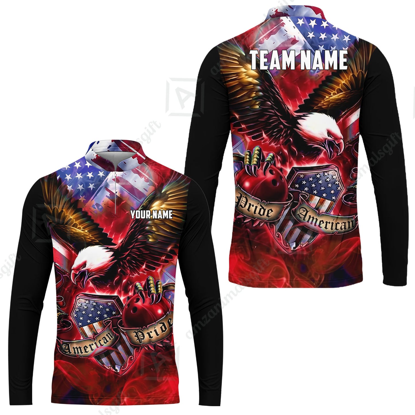 Custom Bowling Jersey Polo Shirt, American Pride Eagle, Personalized Name & Team Name
