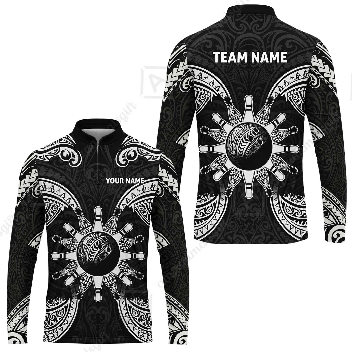 Custom Bowling Jersey Polo Shirt, Symmetric Polynesian Tribal Art Bowling, Custom Bowling Jersey Team Shirt For Players With Name and Team Name