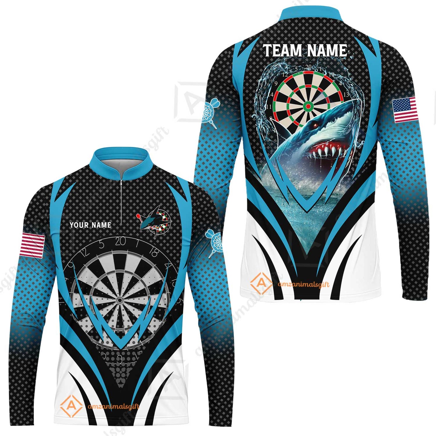 Custom Blue Dartboard Darts Team Jersey Polo Quarter-Zip Shirts, Customized Name Team Name Darts Team Jerseys Uniform