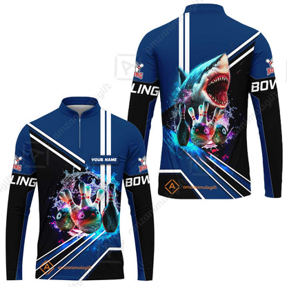 Bowling Custom Men Polo Shirt - Custom Name Shark Team Rainbow Bowling Ball And Pins On Water Personalized Bowling Polo Shirt