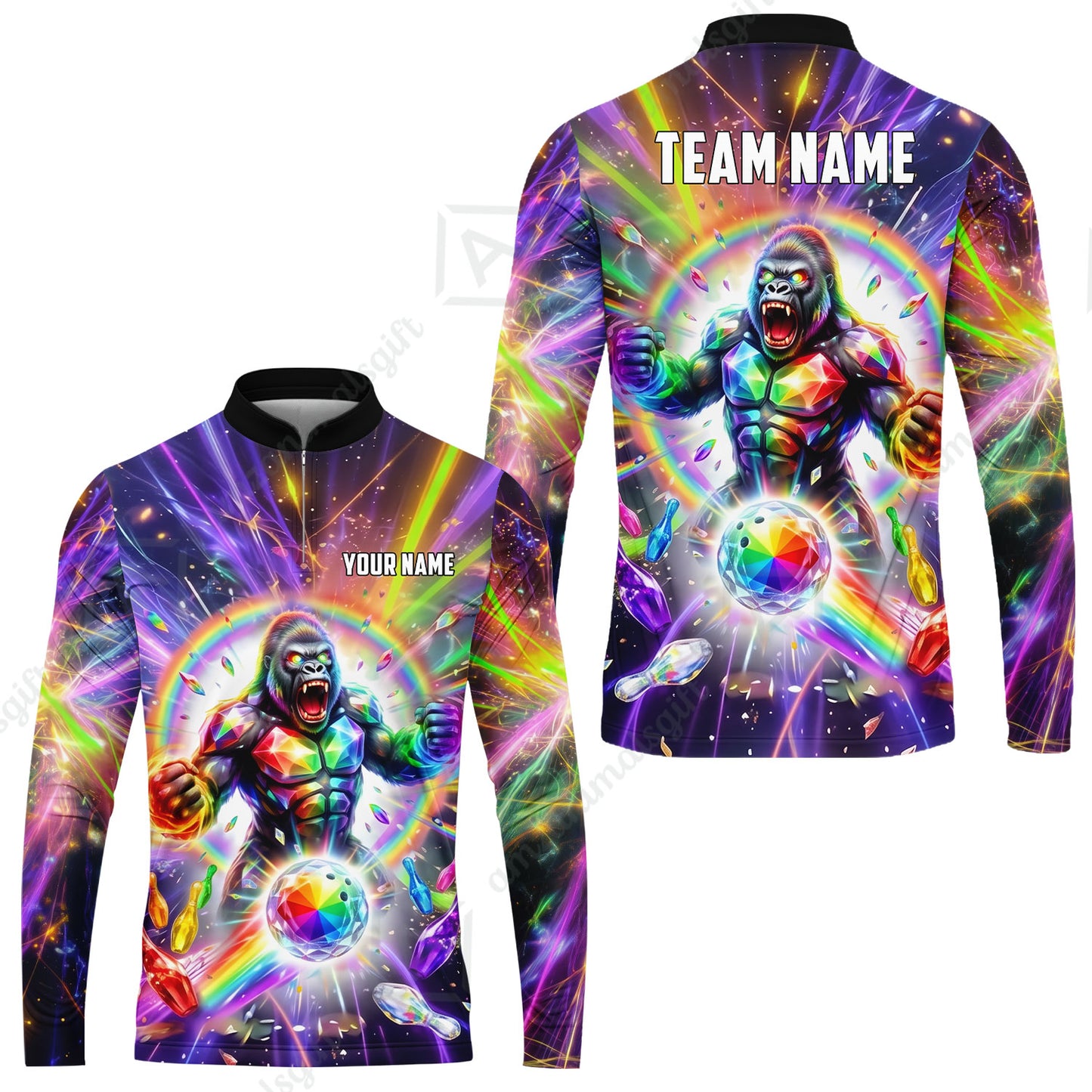 Custom Bowling Jersey Polo Shirt, Rainbow Gemstone Gorilla, Custom Bowling Jersey Team Shirt For Players With Name and Team Name