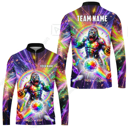 Custom Bowling Jersey Polo Shirt, Rainbow Gemstone Gorilla, Custom Bowling Jersey Team Shirt For Players With Name and Team Name