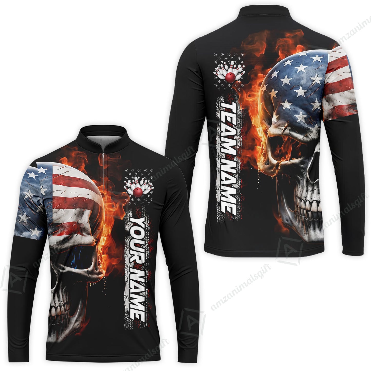Custom Flaming USA Flag Bowling Jersey Polo Shirt, Custom Flaming USA Flag Bowling Jersey Team Shirt For Players With Name & Team Name