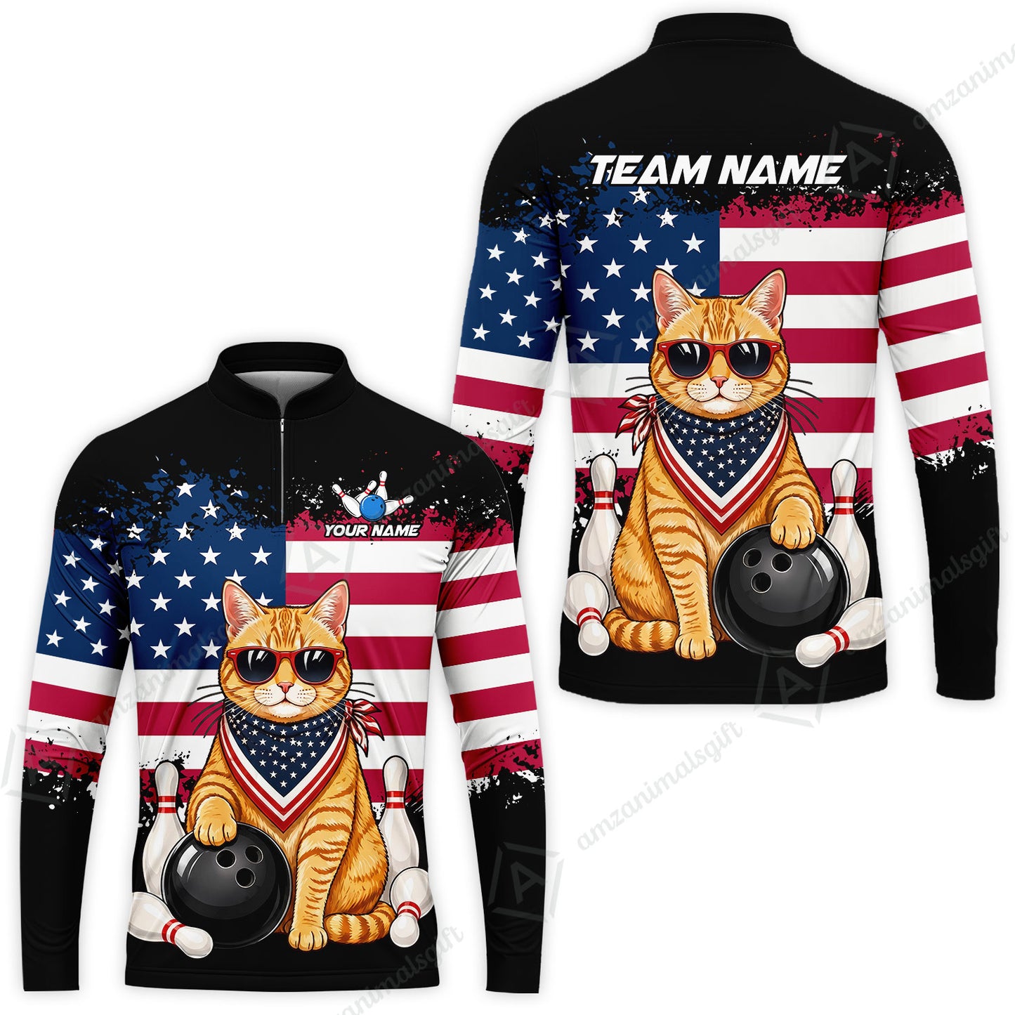 Custom Bowling Jersey Polo Shirt, Animal With Glasses And Bandana America Flag, Personalize Name & Team Name