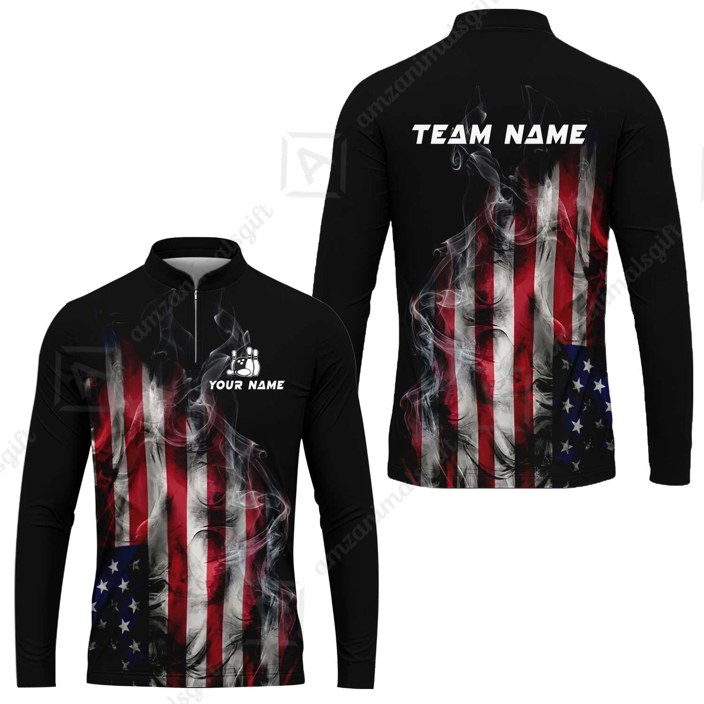 Custom Bowling Jersey Polo Shirt, Smoke USA Flag Bowling, Custom Bowling Jersey Team Shirt For Players With Name & Team Name