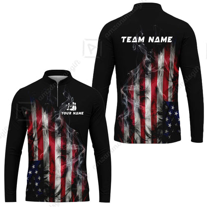 Custom Bowling Jersey Polo Shirt, Smoke USA Flag Bowling, Custom Bowling Jersey Team Shirt For Players With Name & Team Name