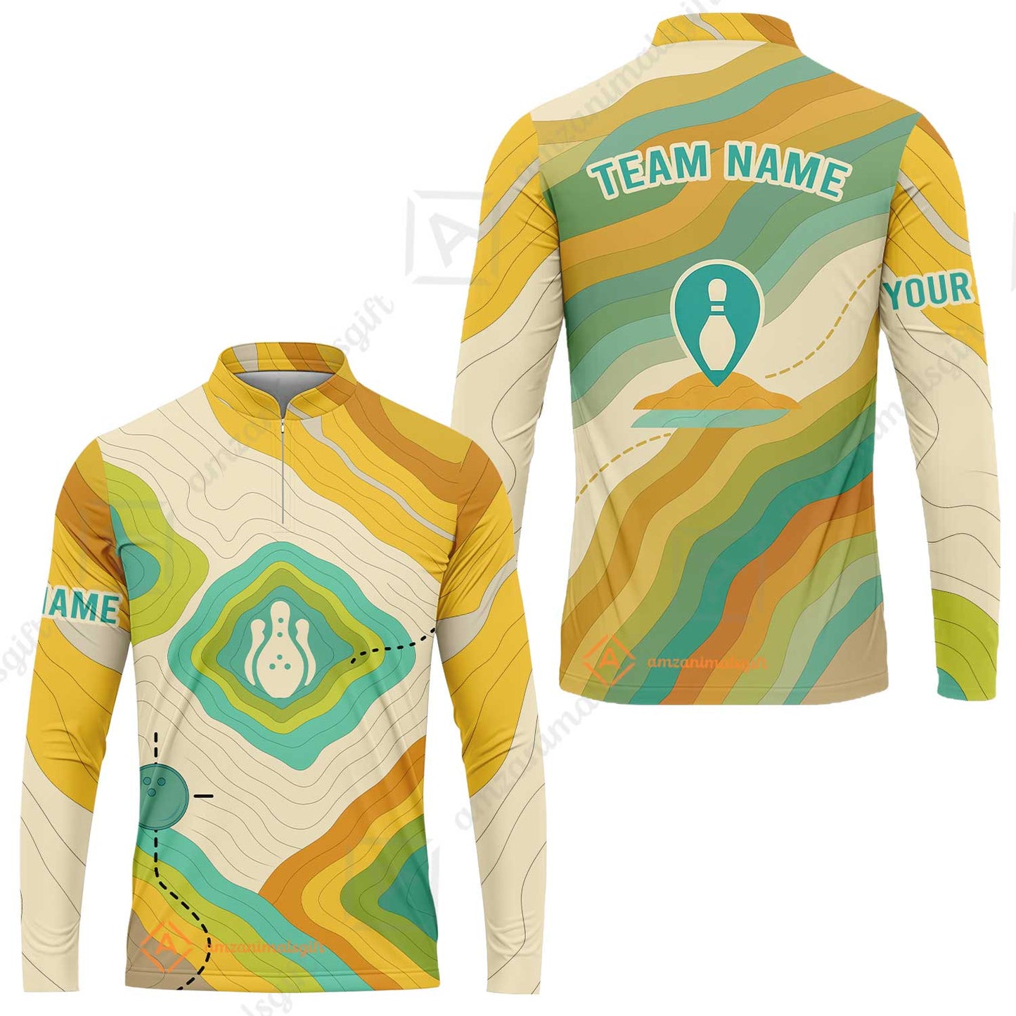 Customized Vintage Bowling Long Sleeve Jersey Shirt, Topographic Map Trail Style Long Sleeve Jersey Shirt For Bowling Team, Bowlers