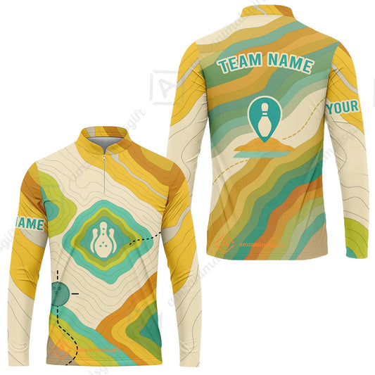 Customized Vintage Bowling Long Sleeve Jersey Shirt, Topographic Map Trail Style Long Sleeve Jersey Shirt For Bowling Team, Bowlers