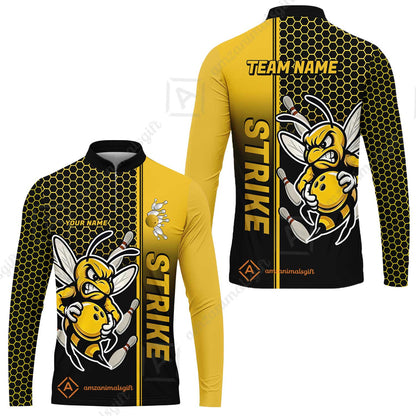 Custom Bowling Team Jersey, Bowling Honeycomb Angry Bee Strike Polo Quarter-Zip Shirts, Bowling Uniforms Jerseys, Personalized Name And Team Name