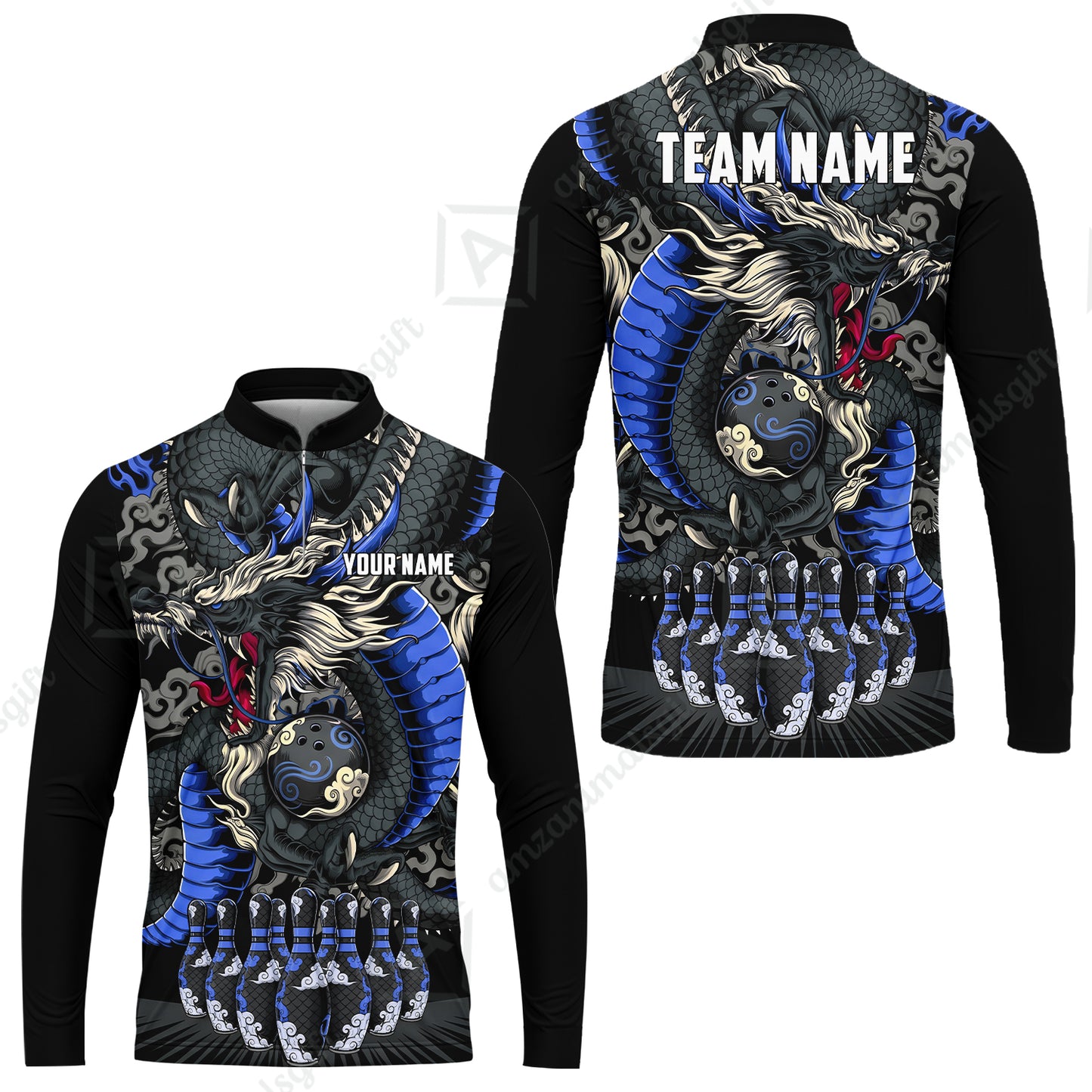 Custom Bowling Jersey Polo Shirt, Oriental Jade Dragon & Classic Clouds, Custom Bowling Jersey Team Shirt For Players With Name & Team Name