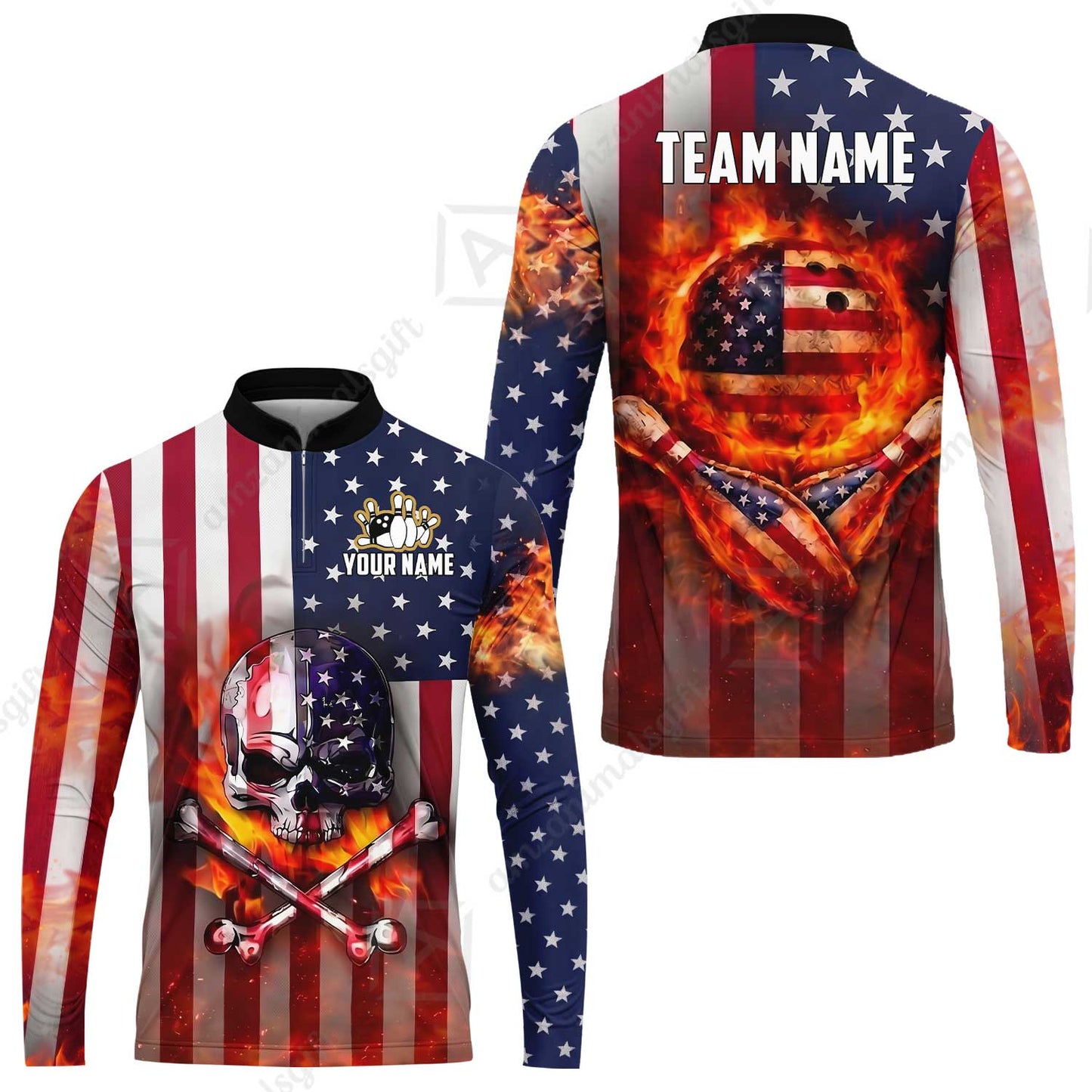Customized Patriotic Flaming Skull Bowling Jersey, Custom Name And Team Name For Bowlers
