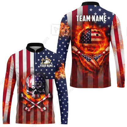 Customized Patriotic Flaming Skull Bowling Jersey, Custom Name And Team Name For Bowlers