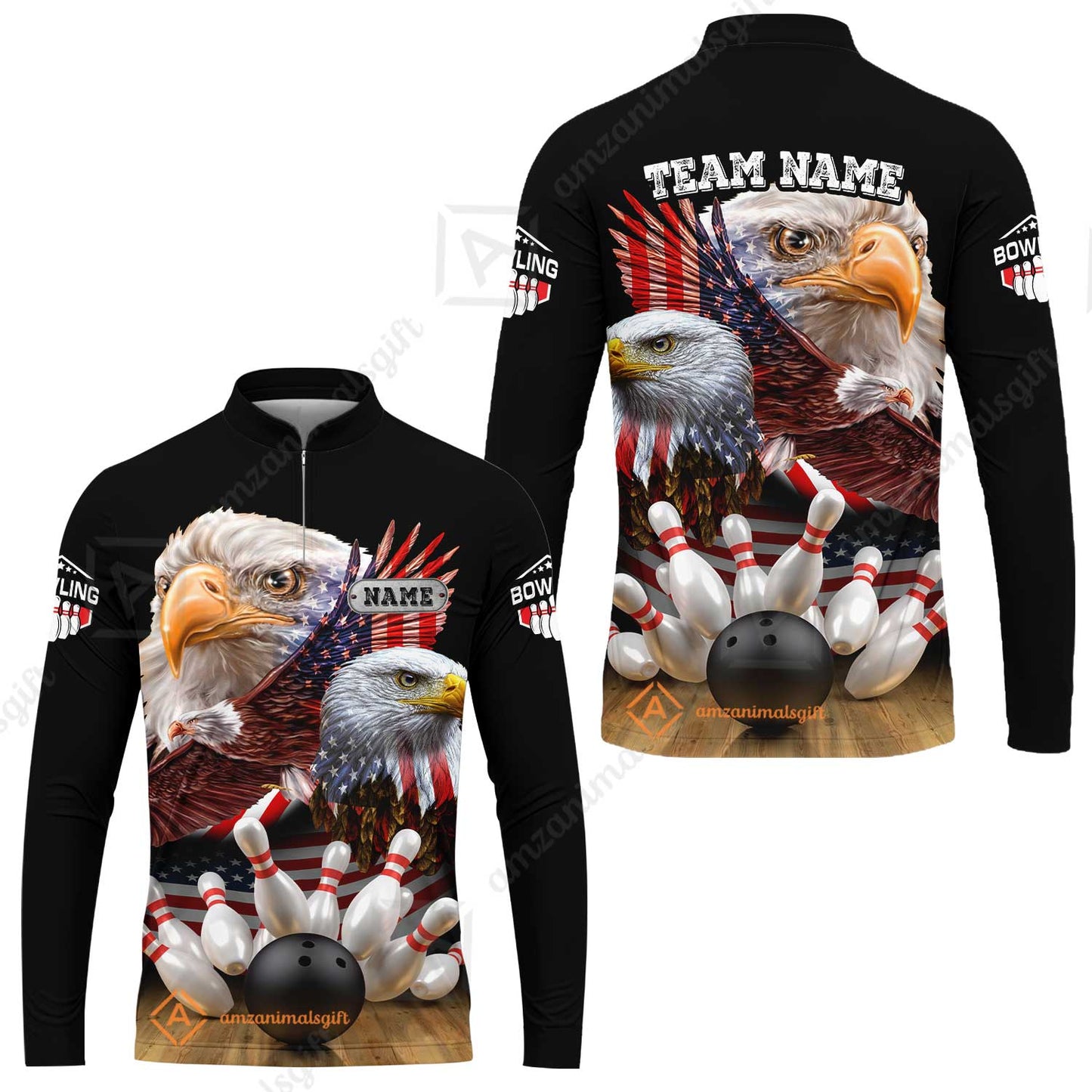 Customized Bowling Polo, Bowling And Pins American Eagles Pride Customized Name And Team Name And Team Zipper Polo Jerseys Shirts