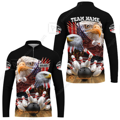 Customized Bowling Polo, Bowling And Pins American Eagles Pride Customized Name And Team Name And Team Zipper Polo Jerseys Shirts