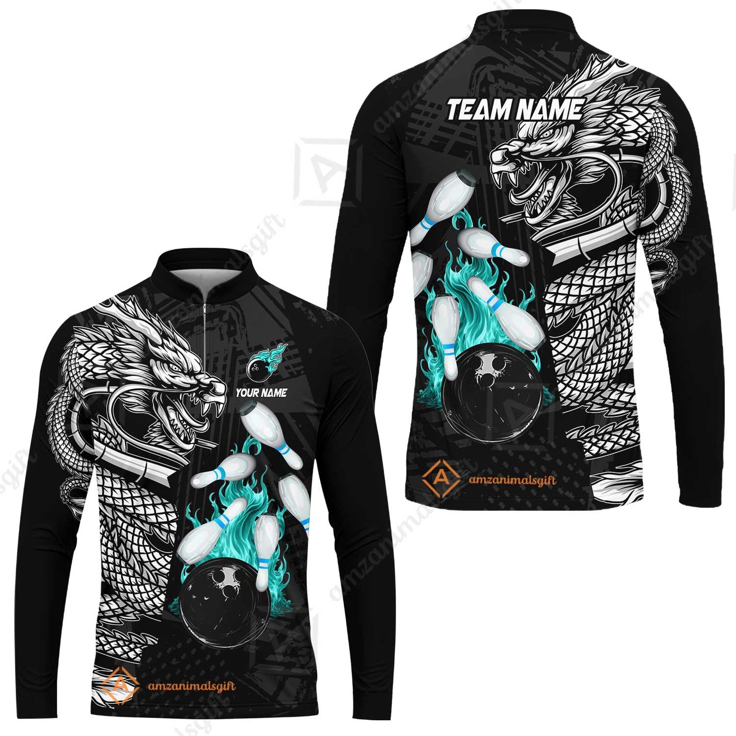 Custom Bowling Team Jerseys Polo Shirts, Bowling uniforms Bowling & Pins Dragon Flame Fire Multicolor Options Personalized Name And Team Name