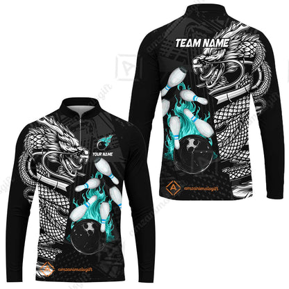 Custom Bowling Team Jerseys Polo Shirts, Bowling uniforms Bowling & Pins Dragon Flame Fire Multicolor Options Personalized Name And Team Name