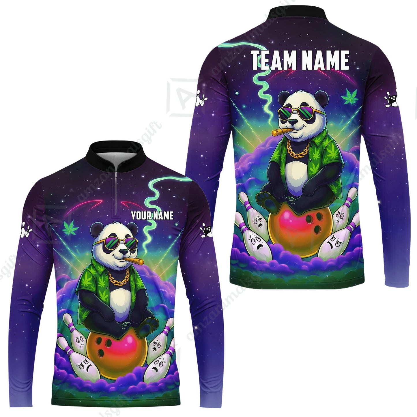 Custom Bowling Jersey Polo Shirt, Chill Panda & Cosmic Vibe, Custom Bowling Jersey Team Shirt For Players With Name & Team Name