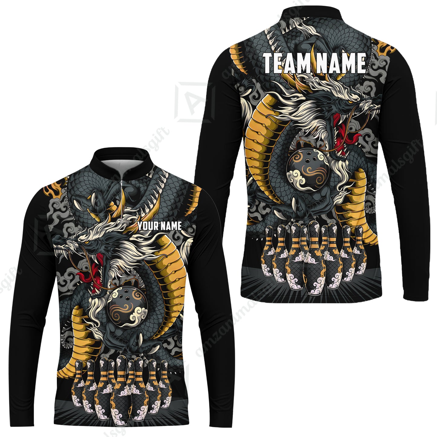 Custom Bowling Jersey Polo Shirt, Oriental Jade Dragon & Classic Clouds, Custom Bowling Jersey Team Shirt For Players With Name & Team Name
