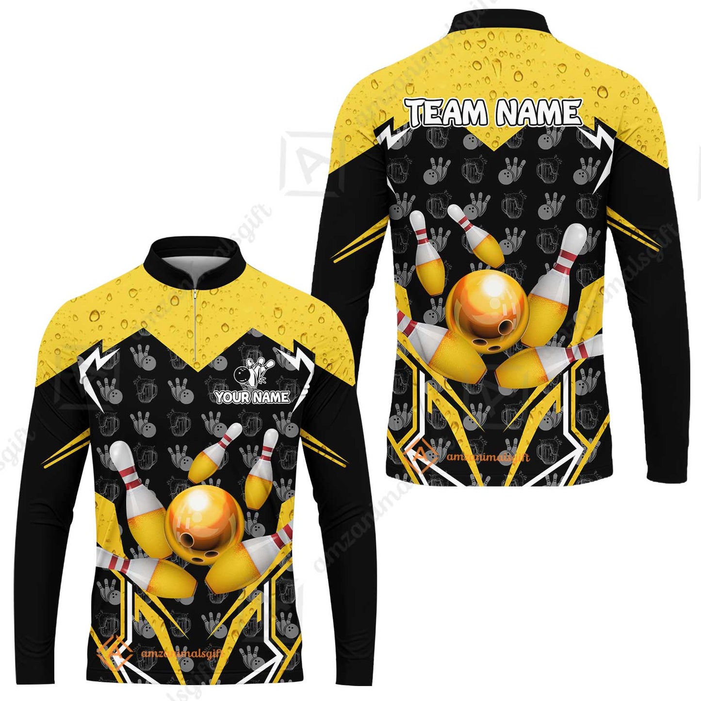 Custom Bowling Team Jersey, Bowling Beer Ball Lightning Strike Polo Quarter-Zip Shirts, Bowling Uniforms Jerseys, Custom Name And Team Name
