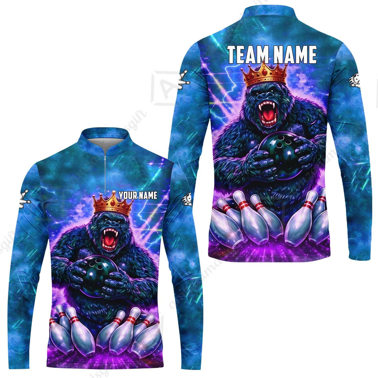 Custom Bowling Jersey Polo Shirt, King Gorilla Holding Bowling Ball, Custom Bowling Jersey Team Shirt For Players With Name & Team Name