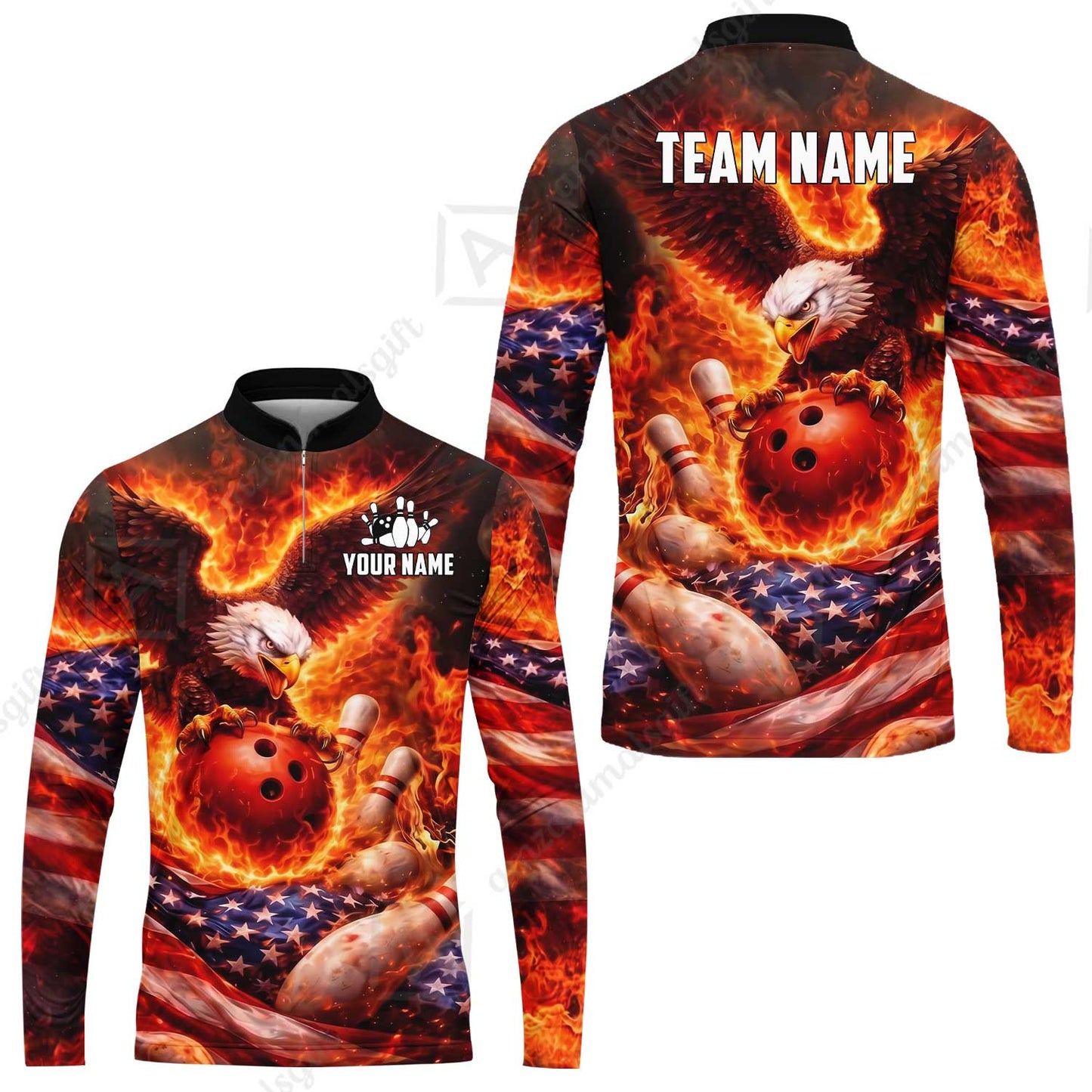 Custom Bowling Jersey Polo Shirt, Patriotic Blue Fire Eagle, Custom Bowling Jersey Team Shirt For Players With Name and Team Name