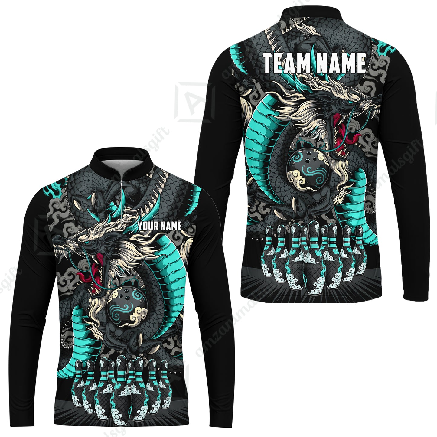 Custom Bowling Jersey Polo Shirt, Oriental Jade Dragon & Classic Clouds, Custom Bowling Jersey Team Shirt For Players With Name & Team Name