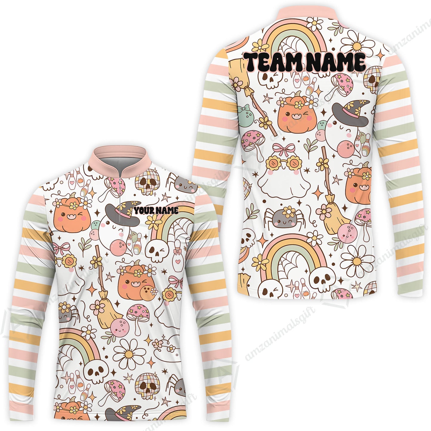 Customized Bowling Shirt, Mushroom Ghost Cute Rainbow Halloween Pattern Bowling, Personalized Polo Shirt For Players With Name & Team Name