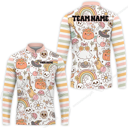 Customized Bowling Shirt, Mushroom Ghost Cute Rainbow Halloween Pattern Bowling, Personalized Polo Shirt For Players With Name & Team Name