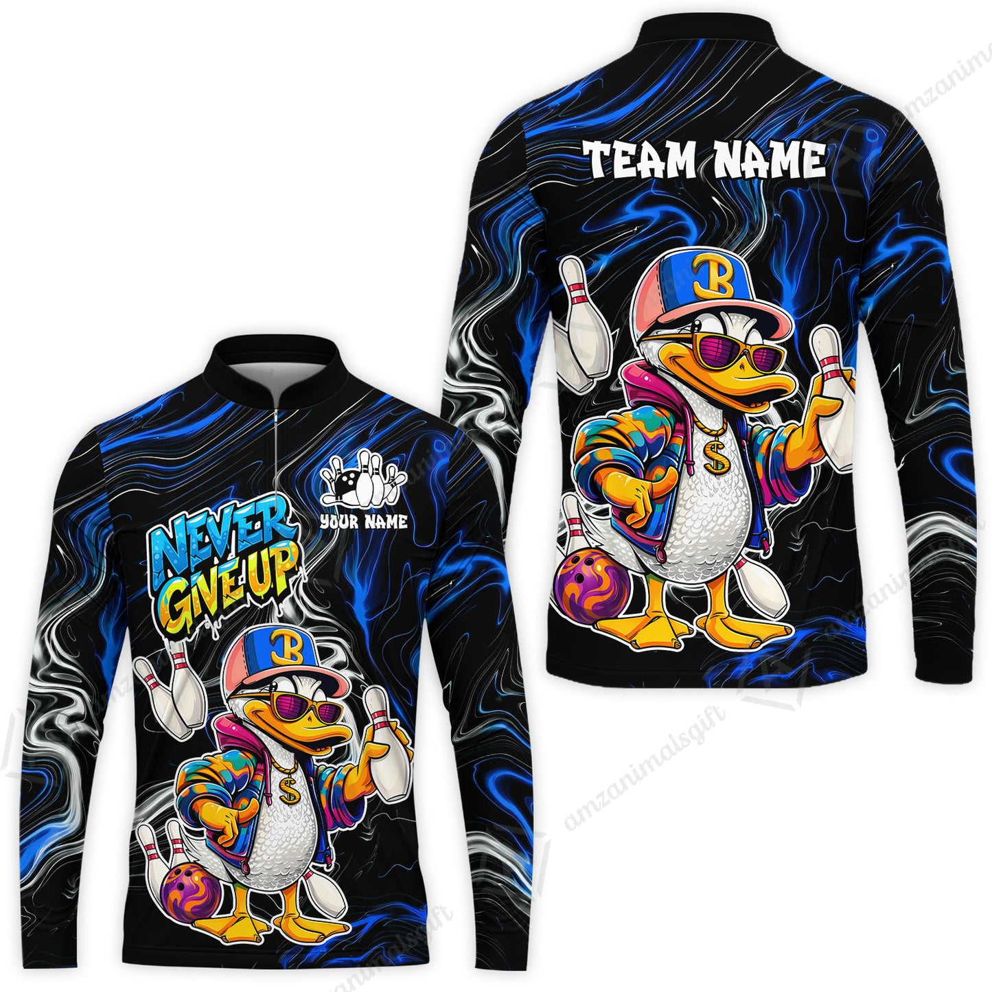 Custom Bowling Jersey Polo Shirt, Duck Never Give Up, Custom Bowling Jersey Team Shirt For Players With Name & Team Name