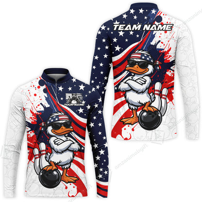 Custom Bowling Jersey Polo Shirt, Patriotic Cool Duckling Mascot, Custom Bowling Jersey Team Shirt For Players With Name and Team Name