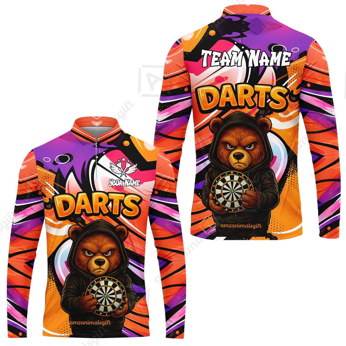 Customized Darts Team Uniform Shirt, Custom Darts Team Collar Quarter-Zip, Personalized Bear Darts Shirt with Name & Team Name