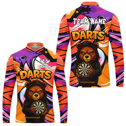 Customized Darts Team Uniform Shirt, Custom Darts Team Collar Quarter-Zip, Personalized Bear Darts Shirt with Name & Team Name