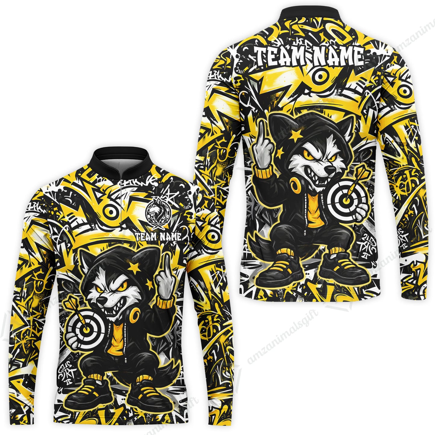 Customized Darts Team Uniform Shirt, Cool Cartoon Wolf With Dartboard, Personalized Name And Team Name