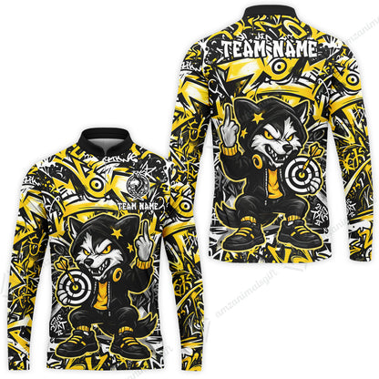 Customized Darts Team Uniform Shirt, Cool Cartoon Wolf With Dartboard, Personalized Name And Team Name